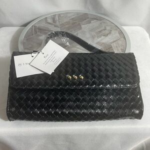 Pretty Simple Black Woven Clutch Purse 3 Sisters Collection Top Handle NWT
